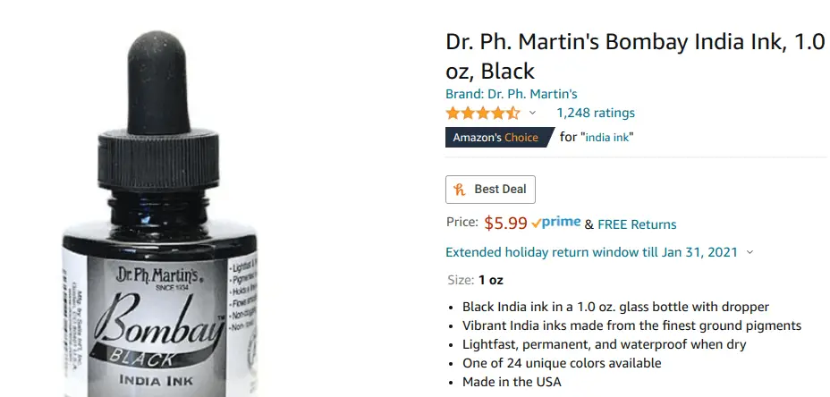 Dr. Ph. Martin's Bombay India Ink - 1 oz, Black